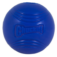 The Chuckit! Super Crunch Ball by Chuckit is a blue rubber toy with a Chuckit! logo and curved indents for grip. Made from durable TPR, it produces a crackling sound to engage pets during playtime.