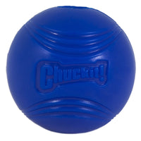 The Chuckit! Super Crunch Ball by Chuckit is a blue rubber toy with a Chuckit! logo and curved indents for grip. Made from durable TPR, it produces a crackling sound to engage pets during playtime.