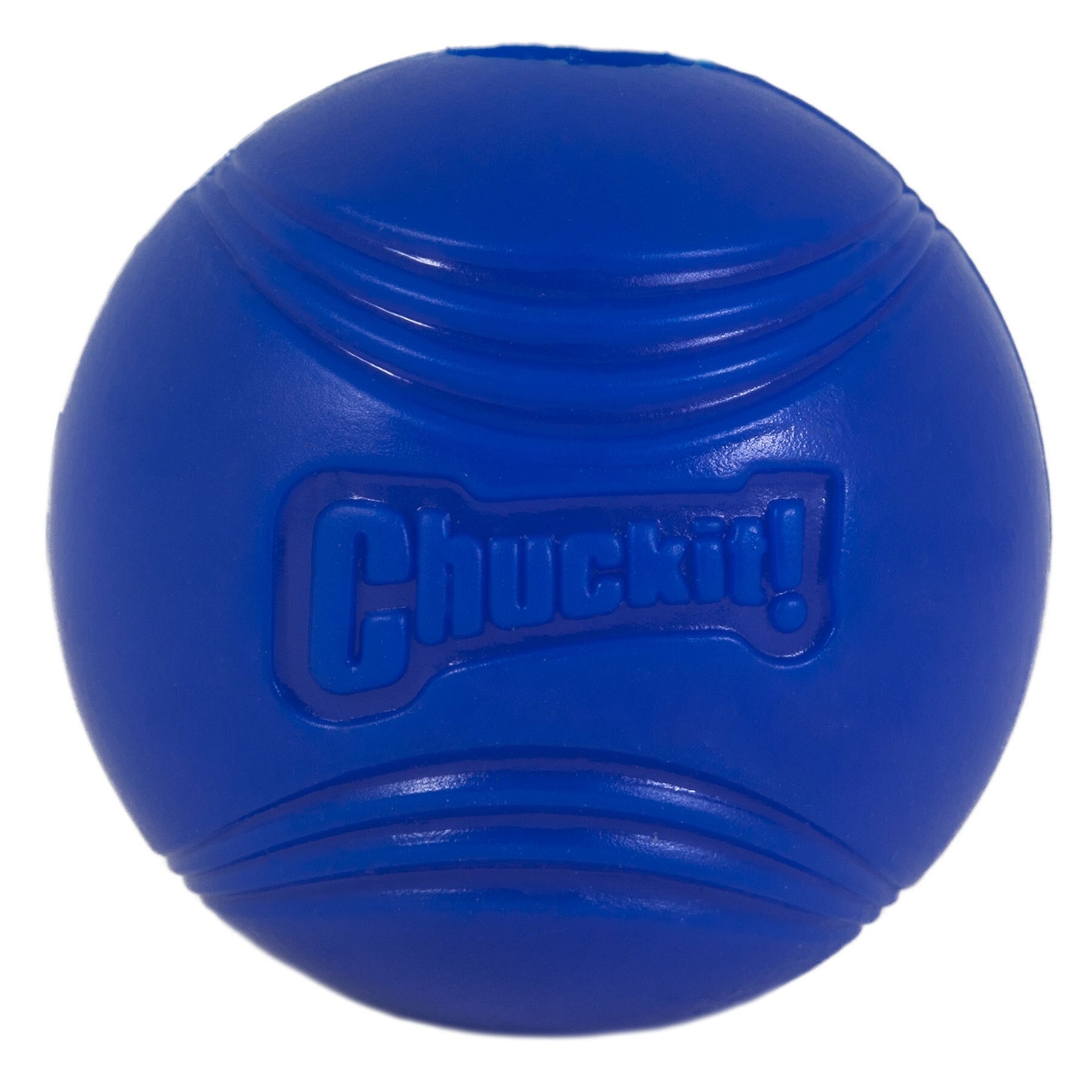The Chuckit! Super Crunch Ball by Chuckit is a blue rubber toy with a Chuckit! logo and curved indents for grip. Made from durable TPR, it produces a crackling sound to engage pets during playtime.