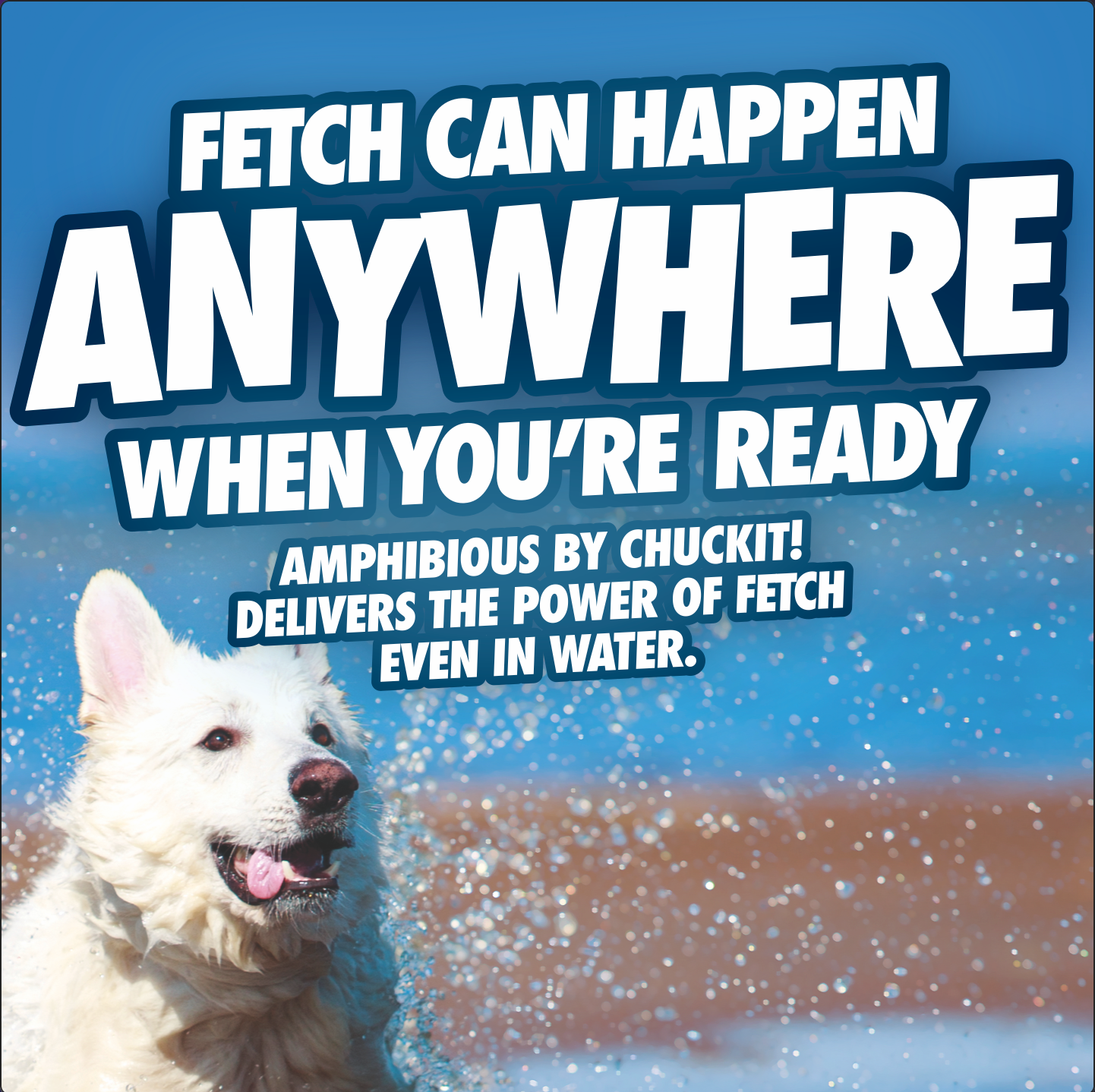 A fluffy white dog plays in beach water under a clear sky. Bold text above says, Fetch Can Happen Anywhere When Youre Ready, promoting Chuckits Amphibious Roller for aquatic-loving dogs.