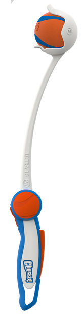 The Chuckit! Ultra Launcher by Chuckit features a blue, white, and orange design with a curved handle and an orange basketball-style ball, making slobber-free fetch easy and fun.