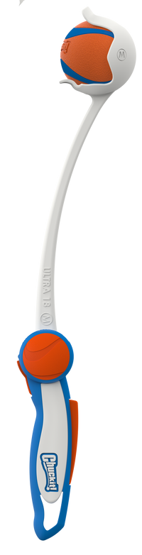 The Chuckit! Ultra Launcher by Chuckit features a blue, white, and orange design with a curved handle and an orange basketball-style ball, making slobber-free fetch easy and fun.