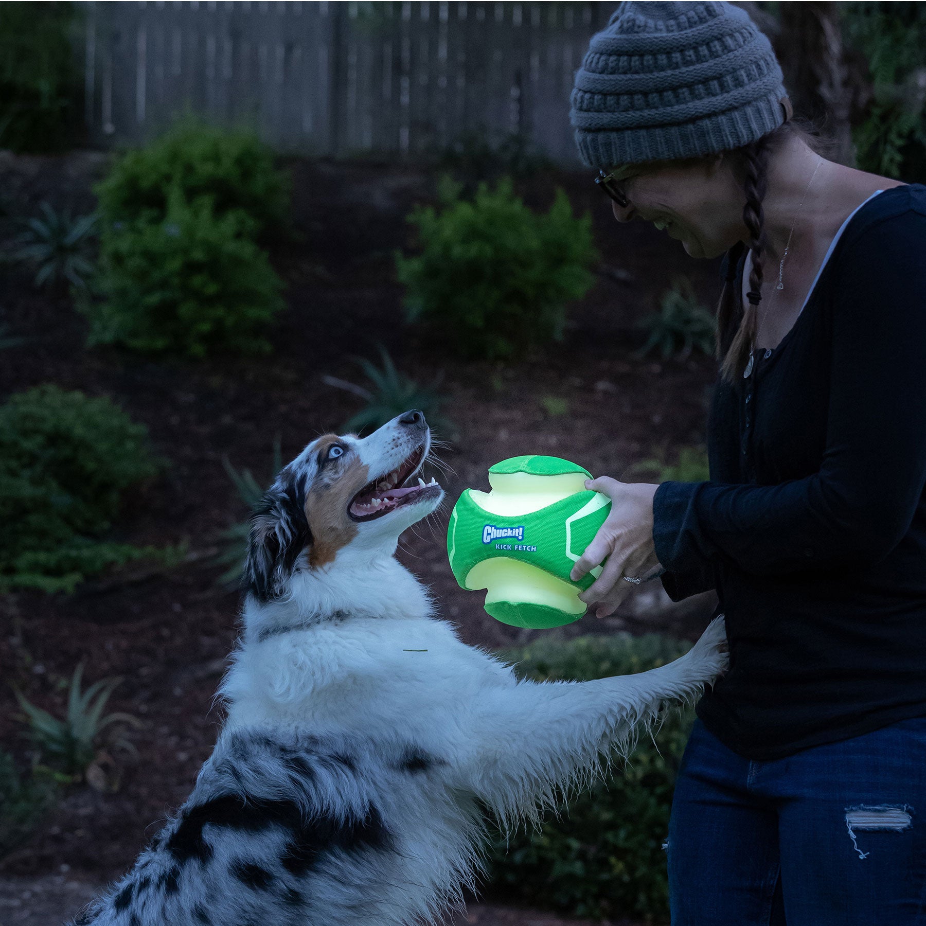 A woman in a beanie plays tug-of-war with an Australian Shepherd using a Chuckit! Kick Fetch Max Glow toy. Outdoors at dusk, the photoluminescent material of this Chuckit interactive dog toy gleams against the greenery and fence in the background.