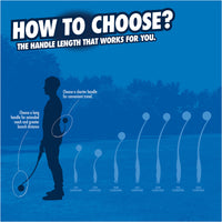 A person silhouetted holding the Chuckit! Pro Launcher by Chuckit, featuring an ergonomic grip handle. Handle lengths range from 12 to 28 inches, allowing longer reach or shorter convenience for fetch games. The blue background with trees completes the scene.