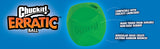 The image shows a green Chuckit! Erratic Ball Dog Toy, featuring the Chuckit! logo. Made with durable, non-toxic rubber, this high-bouncing ball fits Chuckit! Launchers and has irregular edges for unpredictable bounces and endless fun.