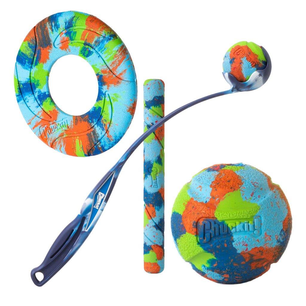 The Chuckit EcoFetch Essentials Bundle includes sustainable dog toys—a ring, stick, two balls with blue, orange, and green designs, and a blue ball launcher—made from recycled rubber fetch toys.