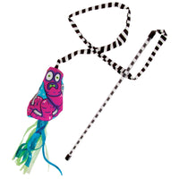 Introducing the FAT CAT Catfisher Teasers - Worm Cat Wand by Fatcat, featuring a black and white striped wand with a plush creature adorned with wide eyes, and vibrant green and blue ribbon tails, infused with organic catnip for endless feline fun.