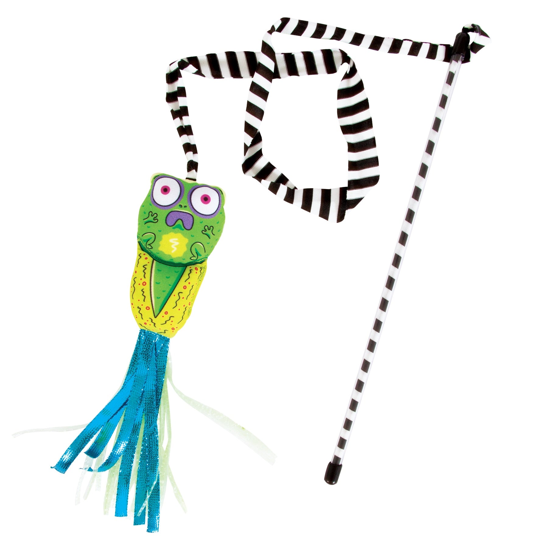 Discover the FAT CAT Catfisher Teasers - Tadpole Cat Wand by Fatcat. This fun toy features a cartoon frog with purple eyes, a green body, and blue/green ribbons on a black/white striped stick. Add organic catnip for extra excitement!.