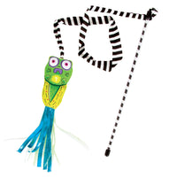 Discover the FAT CAT Catfisher Teasers - Tadpole Cat Wand by Fatcat. This fun toy features a cartoon frog with purple eyes, a green body, and blue/green ribbons on a black/white striped stick. Add organic catnip for extra excitement!.