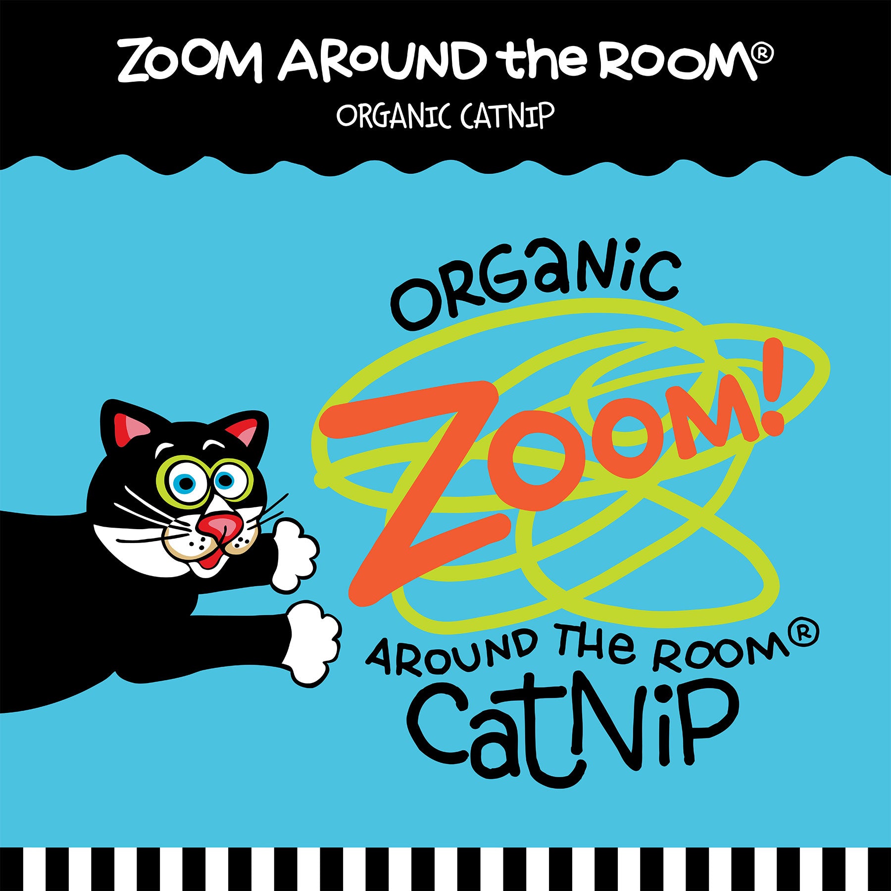 A playful black and white cat with a long tail, wide eyes, and a smiling face enjoying airborne fun adorns the design. The text reads FAT CAT Classic Appeteasers Cat Toy by Fatcat, surrounded by colorful designs and a border of black and white stripes.