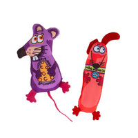 Two vibrant Fatcat toys bring airborne fun: a purple mouse with cheese, labeled HOLY CRAP BISN & CHEESE, and a red dog marked OSCAR WINNER DOG, ensure hours of entertainment.