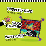 The FAT CAT Boogie Catnip Cat Mat by Fatcat features a playful design with a black-and-white striped border. Its perfect for napping and playing, saves furniture from kitty claws, wipes clean, and can be hung to air dry. Plus, it has a refillable catnip pouch for extra fun!.