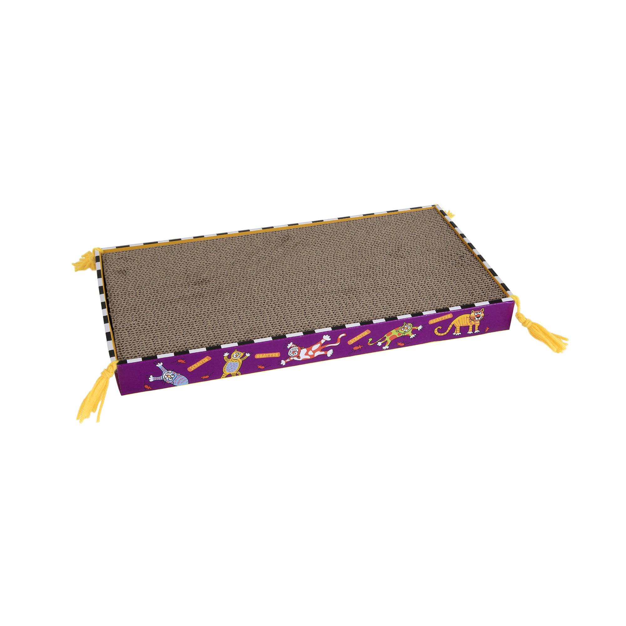 The FAT CAT Big Mamas Scratchy Box Double Wide by Fatcat features a recyclable cardboard surface with vibrant cat and toy illustrations on the sides. Yellow tassels at the corners add charm, making it an eco-friendly pleasure for your feline companion.