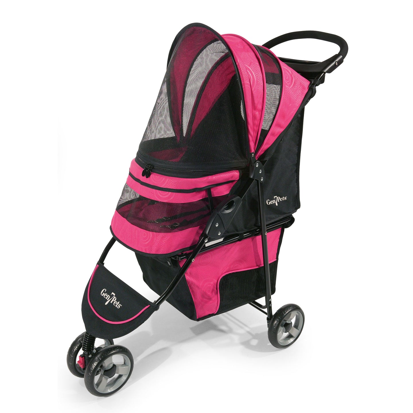 The Gen7 Raspberry Sorbet Regal Plus Pet Stroller by Gen7 features a pink and black theme, mesh windows, three wheels, a smart-canopy over the seating area, a handy handlebar, and a large storage basket underneath.