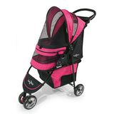 The Gen7 Raspberry Sorbet Regal Plus Pet Stroller by Gen7 features a pink and black theme, mesh windows, three wheels, a smart-canopy over the seating area, a handy handlebar, and a large storage basket underneath.