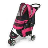 The Gen7 Raspberry Sorbet Regal Plus Pet Stroller by Gen7 features a pink and black theme, mesh windows, three wheels, a smart-canopy over the seating area, a handy handlebar, and a large storage basket underneath.