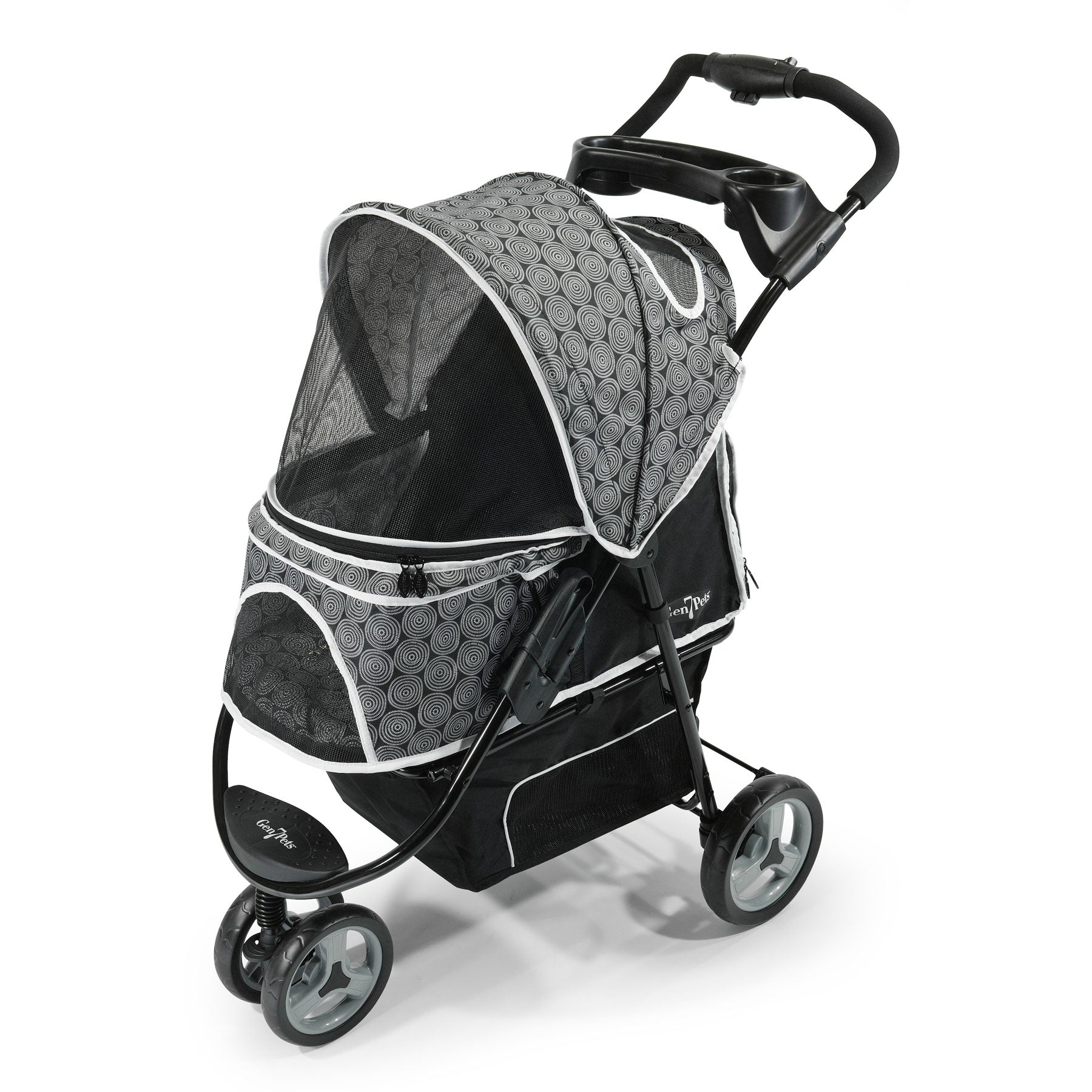 The Gen7Pets Black Onyx Promenade Pet Stroller by Gen7 features an all-terrain wheel, a circular pattern with white trim, four wheels, a front footrest, mesh canopy for ventilation, cup holders on the handle, and a storage basket underneath.