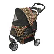 The Gen7Pets Cheetah Promenade Pet Stroller by Gen7 boasts a stylish leopard design and black mesh windows. It includes a Smart-Comfort Pad, curved handle, four wheels for visibility and ventilation through front and side panels, plus safety tethers for pet security.