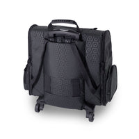 The Gen7Pets Black Geometric Roller-Carrier by Gen7 is a versatile suitcase with wheels, a retractable handle, and shoulder straps. It features multiple zippered compartments on the sides and front for convenient storage.