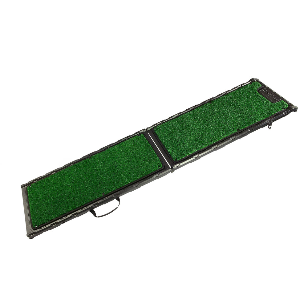 The Gen7Pets Natural Step Ramp for Vehicles by Gen7 features a foldable design for dogs, with a lush poly-grass surface, elegant black frame, and convenient side handle for easy portability.