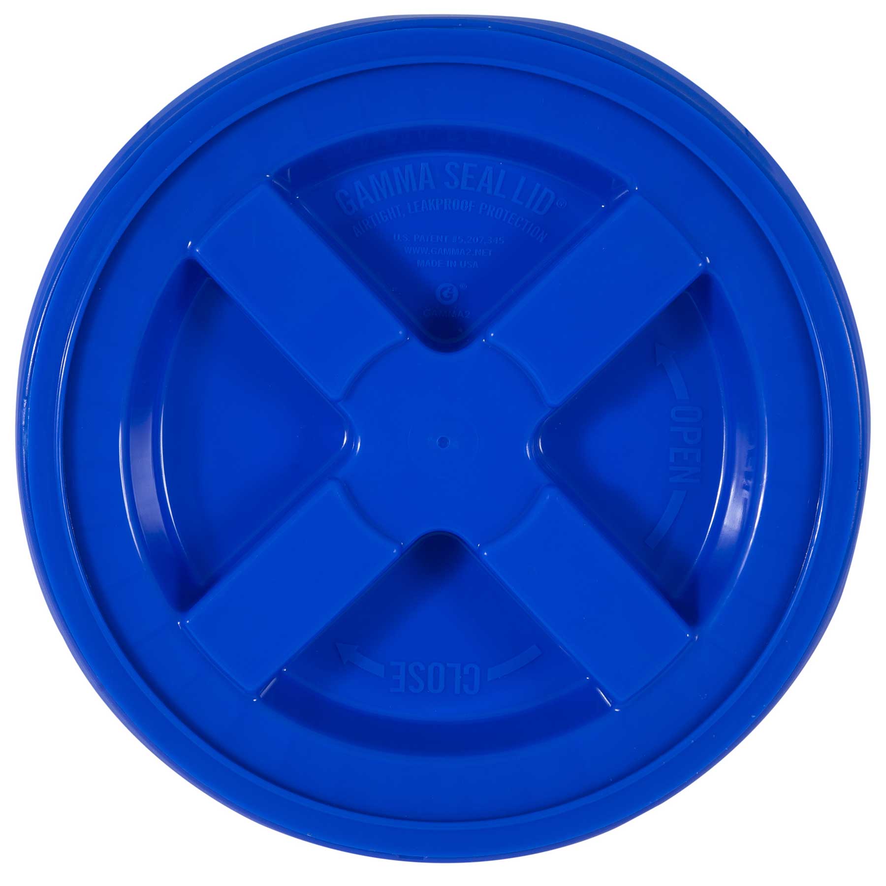 The Gamma2 GAMMA Seal Lid, shown in blue with a cross-shaped handle, is made from BPA-free HDPE plastic. It displays open and close instructions and fits buckets securely to create an airtight seal.