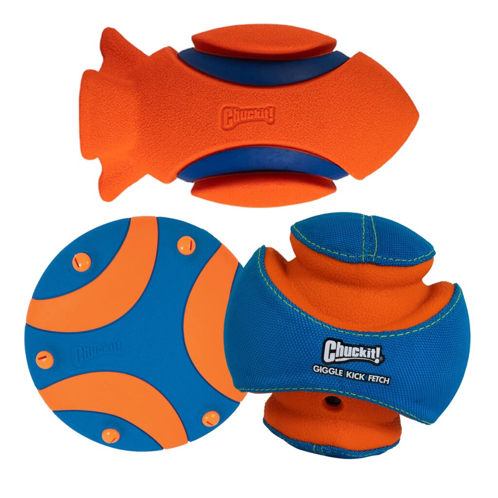 The Chuckit Ground Chase Power Pack includes three interactive dog toys: a fish-shaped toy, a round flat fetch toy with orange accents, and a blue and orange Giggle Kick Fetch ball.