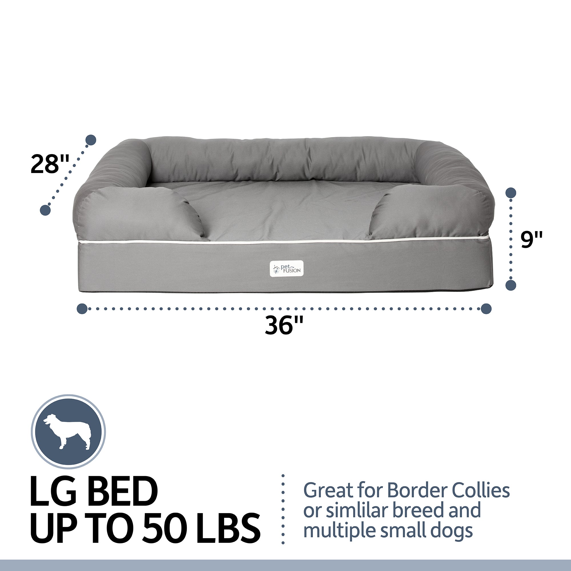 The PetFusion Ultimate Dog Bed with Memory Foam by Pet Fusion, in gray and measuring 36 x 28 x 9, is ideal for dogs up to 50 lbs. It provides joint pain relief, making it perfect for Border Collies or multiple small dogs.
