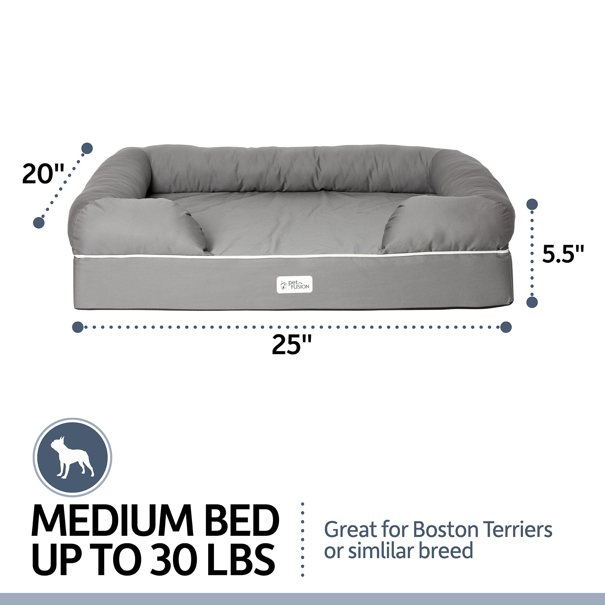 The PetFusion Ultimate Dog Bed by Pet Fusion is a gray lounger with bolster sides and memory foam for joint pain relief. Its 25W x 20D x 5.5H, suitable for medium dogs up to 30 lbs like Boston Terriers, and includes a dog silhouette for reference.