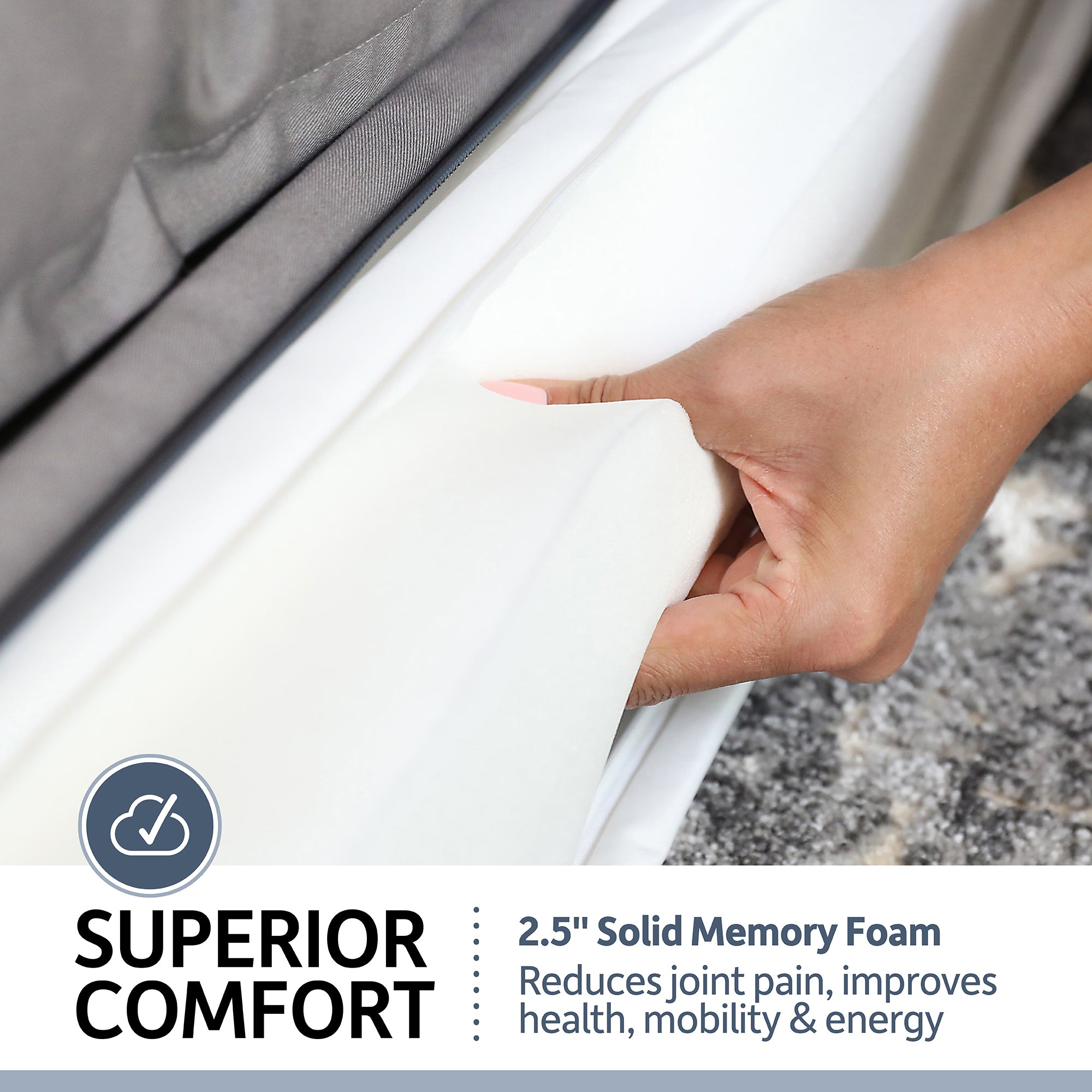 A hand presses into a white 2.5-inch solid memory foam mattress, showcasing its superior comfort, joint pain reduction, and enhanced health benefits, similar to the PetFusion Ultimate Dog Bed With Memory Foam for anxiety support. A partial gray sheet covers the foam.
