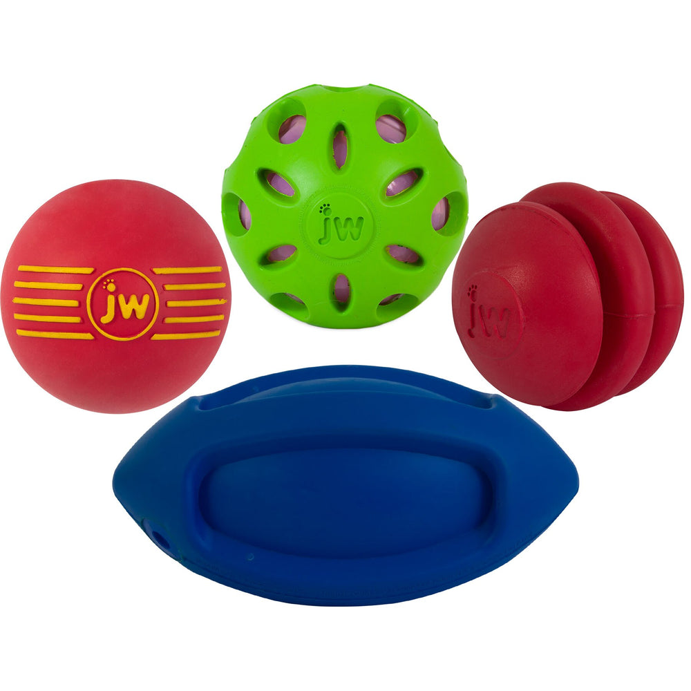 Explore the JW Squeak-ee Dog Toy Bundle from Jw! It includes vibrant toys like a red ball with yellow stripes, a green ball with holes, a red double-concave ball, and a blue oblong toy. Each piece features the jw logo, perfect for endless pup fun.
