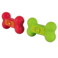 The JW Pet ISqueak Bones Dog Toys 2-pk includes one red and one green durable rubber bone-shaped toy, each with yellow accents and a circular JW logo. Safe squeaker bones, perfect for playful pups.