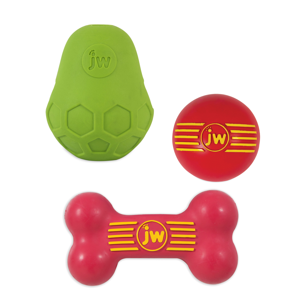The JW Small Dog Toy Bundle showcases three vibrant toys: a green pear-shaped toy with textured hexagons, an iSqueak Ball in red, and an iSqueak Bone Dog Toy in red. Each proudly bears the iconic yellow jw logo.