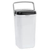 The PetFusion Portable Cat Litter Disposal System by Pet Fusion is a tall, rectangular white trash can with a black lid and silver handle. Designed for odor control, it’s sleek, modern, and perfect for cat litter disposal. Use biodegradable bags to enhance its eco-friendly design.