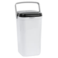 The PetFusion Portable Cat Litter Disposal System by Pet Fusion is a tall, rectangular white trash can with a black lid and silver handle. Designed for odor control, it’s sleek, modern, and perfect for cat litter disposal. Use biodegradable bags to enhance its eco-friendly design.