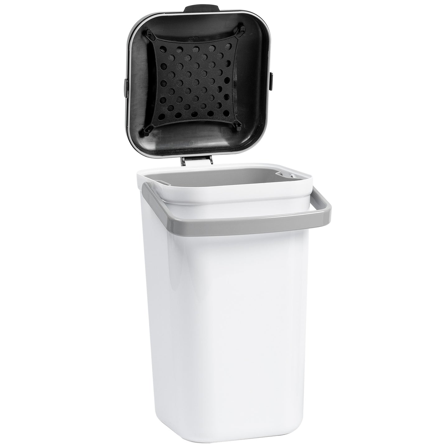 The PetFusion Portable Cat Litter Disposal System by Pet Fusion is a tall, rectangular white trash can with an open gray lid. Its black interior features raised dots for odor control, and a gray side handle adds convenience.