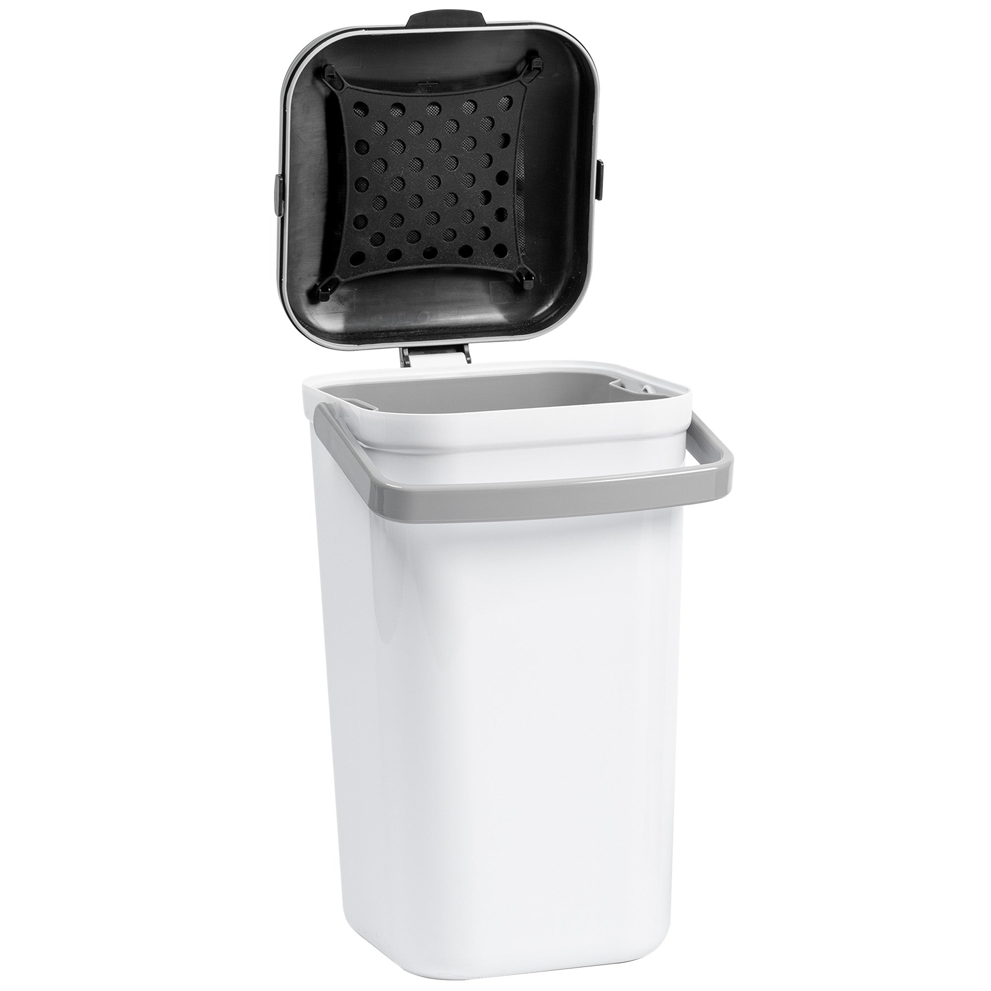 The PetFusion Portable Cat Litter Disposal System by Pet Fusion is a tall, rectangular white trash can with an open gray lid. Its black interior features raised dots for odor control, and a gray side handle adds convenience.