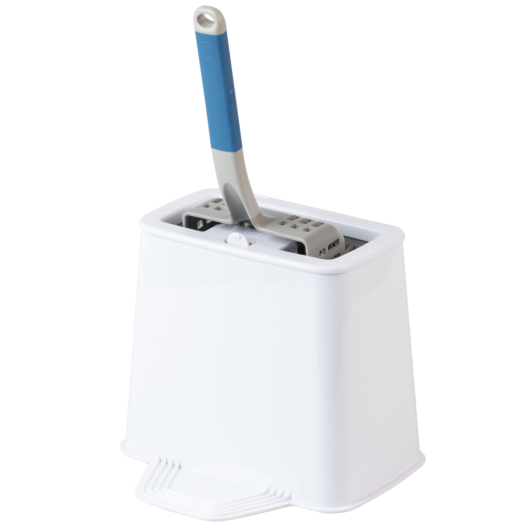 The PetFusion 2-in-1 Universal Litter Scoop Holder, by Petfusion, is a white plastic bucket featuring a blue and gray handle with durable silicone bristles for efficient cleaning. Its rectangular design includes a small bottom step for added stability.