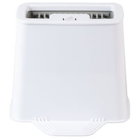 The PetFusion 2-in-1 Universal Litter Scoop Holder by Petfusion is a white plastic bathroom accessory with a rectangular shape, vented top, and durable silicone bristles for longevity. It boasts a simple, minimalistic design.