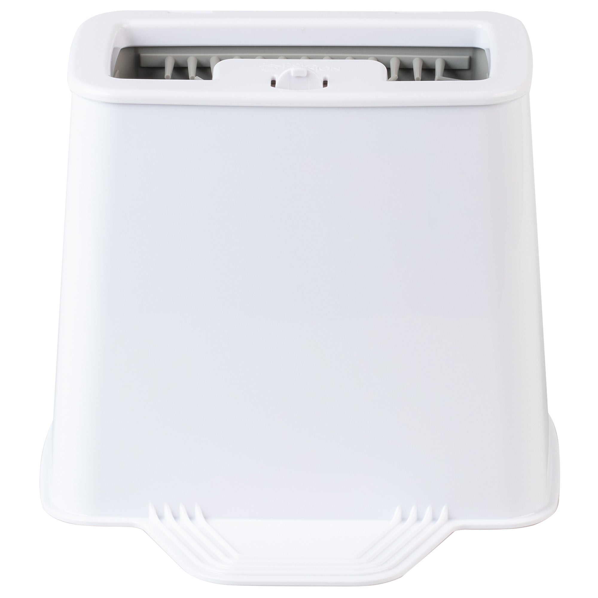 The PetFusion 2-in-1 Universal Litter Scoop Holder by Petfusion is a white plastic bathroom accessory with a rectangular shape, vented top, and durable silicone bristles for longevity. It boasts a simple, minimalistic design.