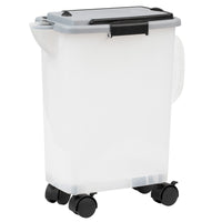 The PetFusion BetterBin Portable Litter Storage Container by Pet Fusion is a translucent, durable plastic container with a gray lid, black handle, and wheels. Its rectangular shape makes it versatile for storing items like pet food or bulk supplies while enhancing convenience and ease of movement.