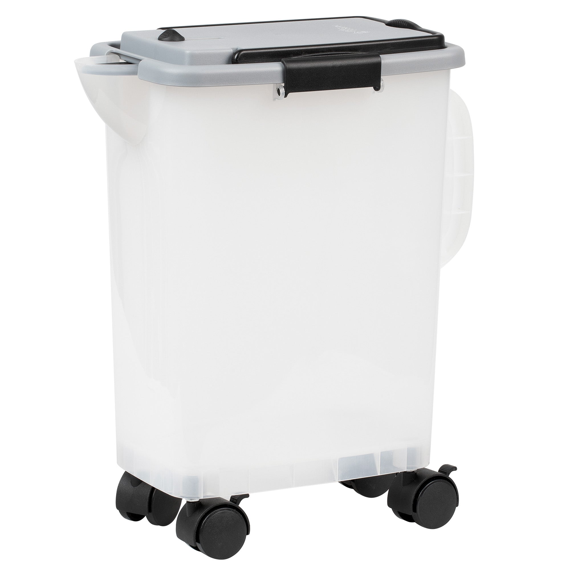 The PetFusion BetterBin Portable Litter Storage Container by Pet Fusion is a translucent, durable plastic container with a gray lid, black handle, and wheels. Its rectangular shape makes it versatile for storing items like pet food or bulk supplies while enhancing convenience and ease of movement.