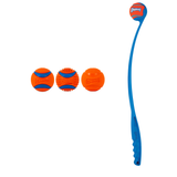 The Chuckit! Classic Dog Ball Launcher & Fetch Medley Bundle features a blue and orange design, including three Fetch Medley Gen 3 balls. Each orange rubber ball has blue trim and the Chuckit logo, offering varied textures for an exciting game of fetch.