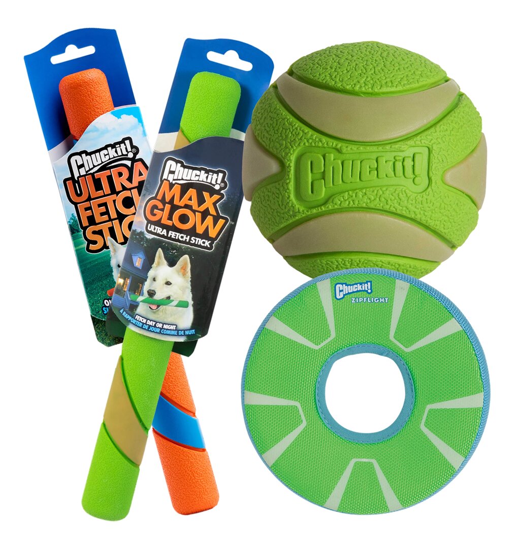 The Chuckit Night Chase Pro Bundle features glow-in-the-dark fetch toys, including a large green ball and a green & blue flying disc, all packaged and perfect for nighttime play with your pup.