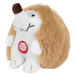 The Petqwerks Pet Qwerks Plush Chattering Hedgehog Dog Toy is a white-bodied plush with a fluffy brown back, ideal for cuddles and playtime. It has a long snout, embroidered eyes and mouth, and a red circle labeled PRESS HERE on its stomach, ensuring itll be your pups friendly companion!.