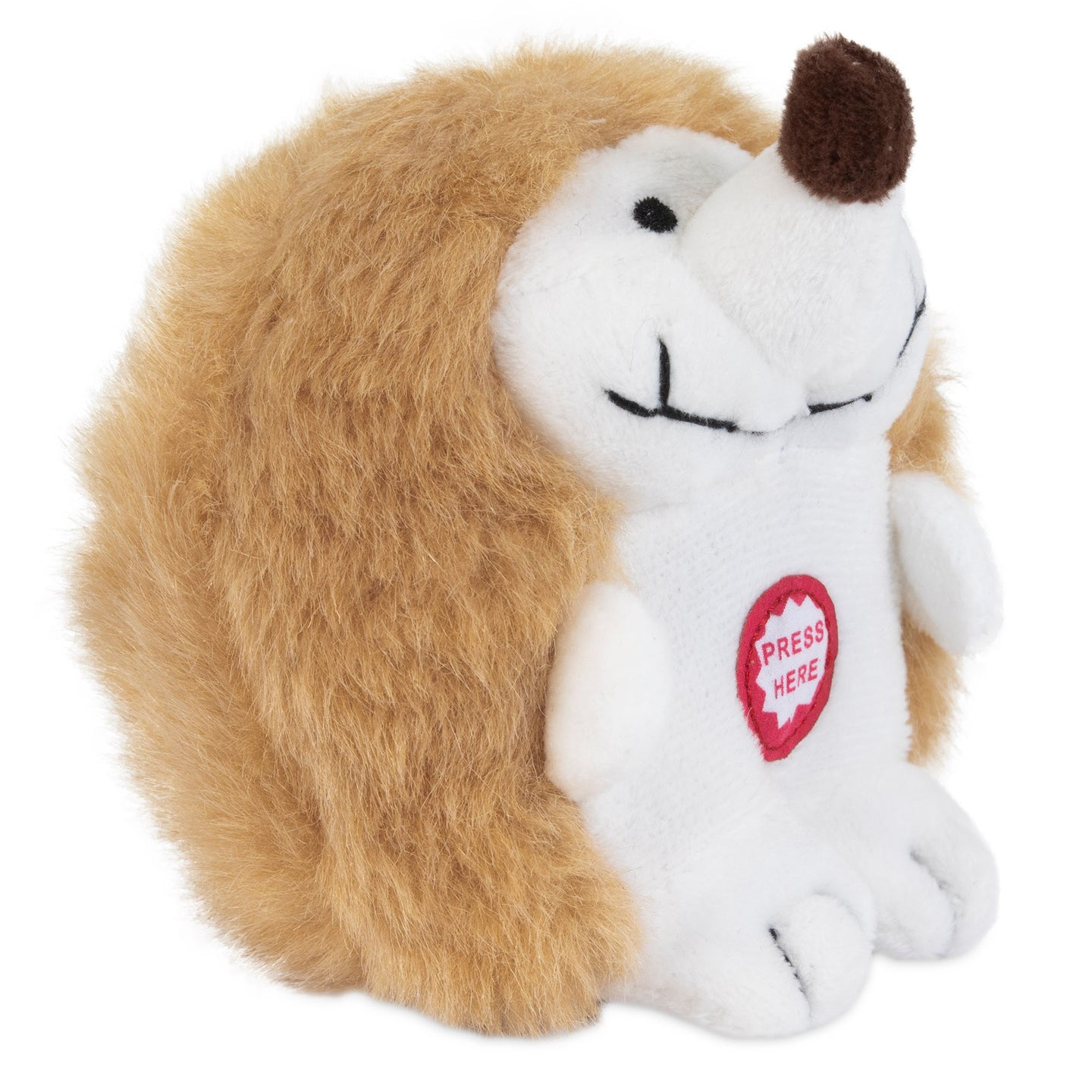 Introducing the Pet Qwerks Plush Chattering Hedgehog Dog Toy by Petqwerks: a playful companion with a fluffy brown back, white face and belly, brown nose, and embroidered eyes and mouth. Press the red button on its belly for endless fun!.
