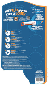 The Chuckit! Ultra Cannon by Chuckit comes in blue and orange packaging with diagrams showing how to load, pick up, and launch balls. Features a photo of a happy dog and promotes replacement balls.