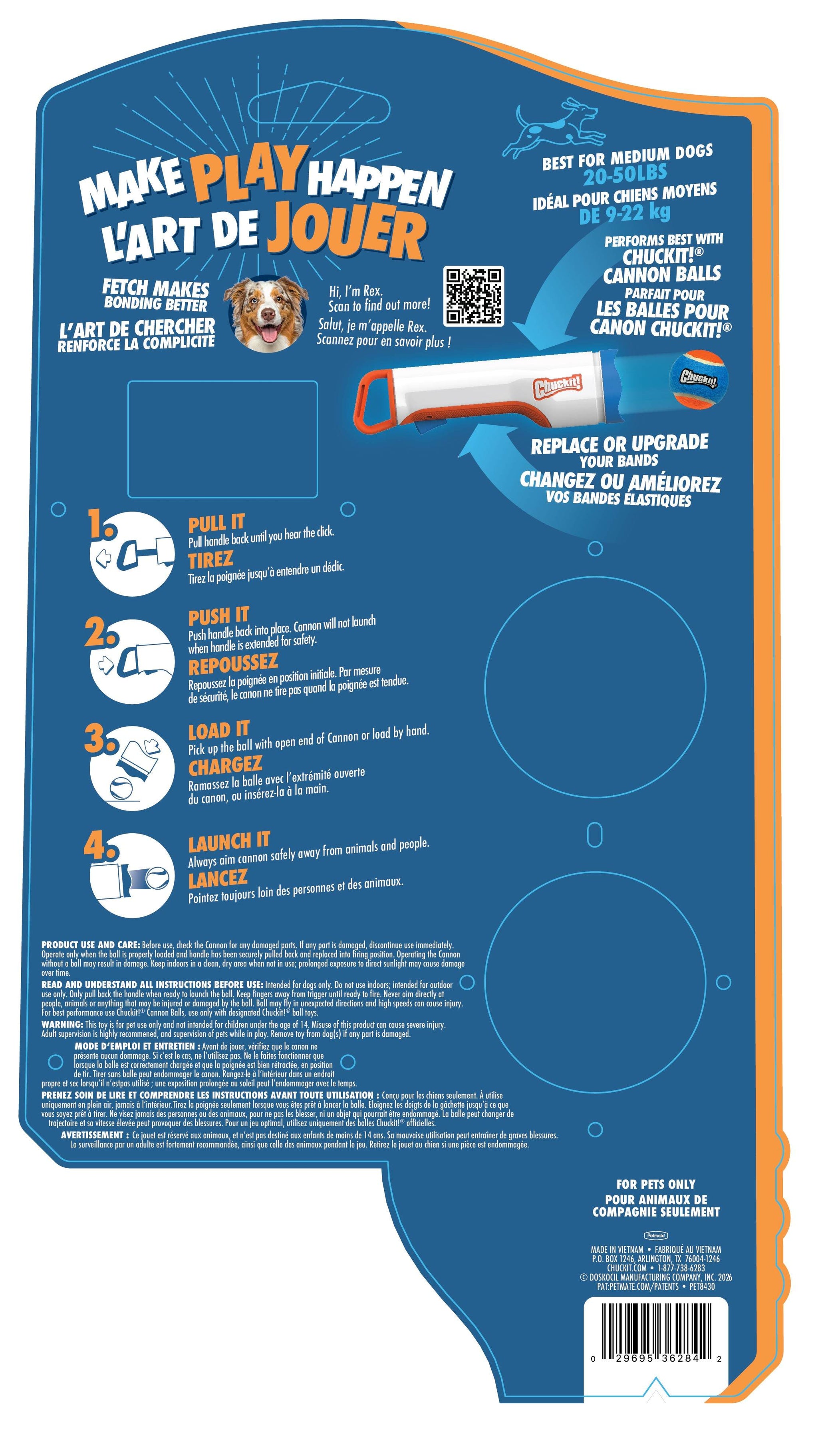 The Chuckit! Ultra Cannon by Chuckit comes in blue and orange packaging with diagrams showing how to load, pick up, and launch balls. Features a photo of a happy dog and promotes replacement balls.