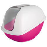 The Petmate Basic Hooded Cat Litter Pan by Petmate features a pink base, white top, translucent front entry flap door, easy-to-clean design, convenient carrying handle, and an odor-absorbing filter for freshness.