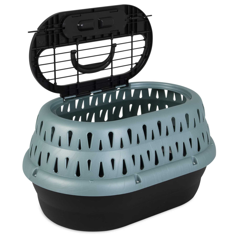 The Petmate Top Load Cat Kennel by Petmate is shown with a dark base and teal top, featuring vent holes. Its open lid reveals a handle and grid opening for ventilation, ideal for your feline friends travels.