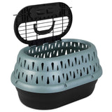The Petmate E-Z Load Top Load Cat Kennel by Petmate features a black base, light blue ventilated lid, built-in top handle, metal grid door for security, and 360-degree ventilation to help reduce travel stress for your pet.